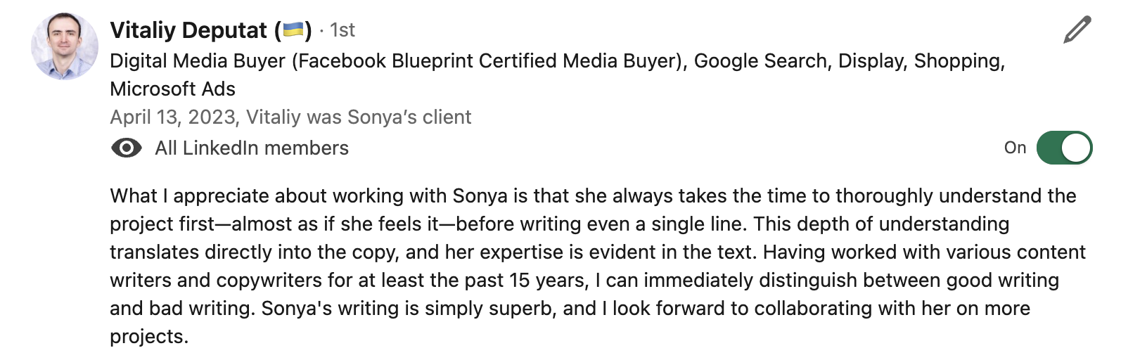 LinkedIn recommendation from Vitaliy Deputat for Sonya Gankina, talking about Sonya's depth of understanding of copywriting