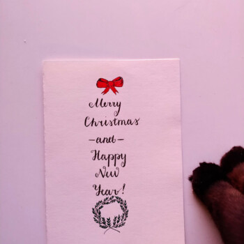 Tombow calligraphy pen. picture of a card that says "merry christmas and happy new year" with a drawing of a bow and wreath and cat paws