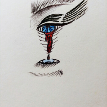 Coloured pens. picture of an eyeball crying blood into another eyeball beneath it