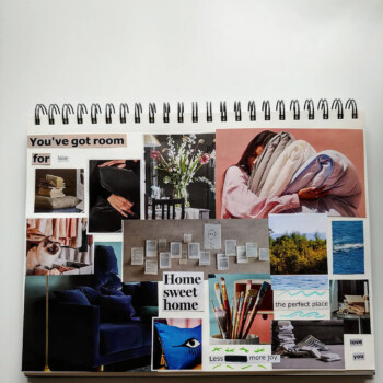 IKEA Catalogue was used for this. picture of a collage made from magazine clippings showing comfortable bedding and flowers