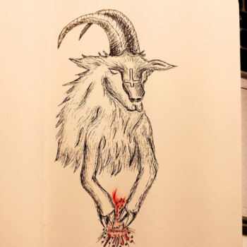 Micron pen. picture of a goat washing hooves with an upside down cross on the face