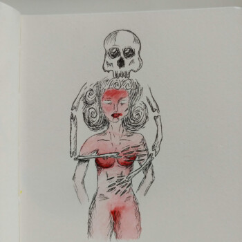 Watercolour, micron pen. picture of a skeleton holding a woman with red accents on chest and hips