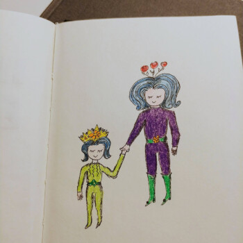 Pencil crayons, Micron pen. picture of a drawing of an adult and a child holding hands, wearing superhero costumes