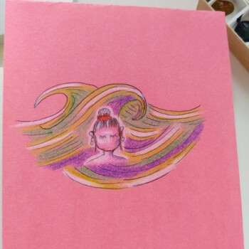 Coloured pencil crayons. picture of a drawing with a girl surrounded by big waves